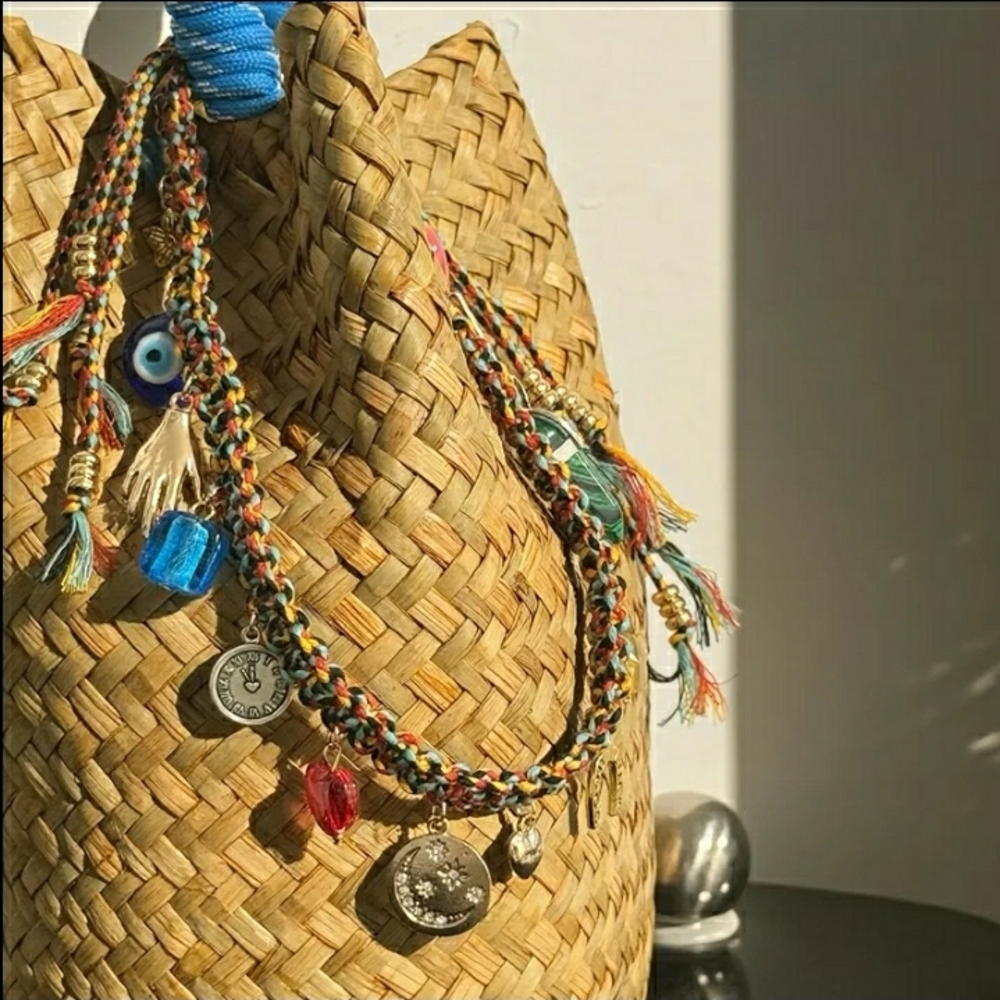 Colorful Woven Fringe Purse Bag Accessory w/ Charms & Stones - NWT! - Picture 6 of 9